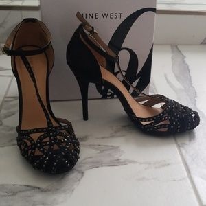Nine West black suede jeweled strappy heels